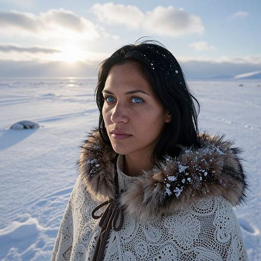 Photograph of a young woman with dark hair and blue eyes, wearing a white lace winter coat with fur trim, standing in a snowy landscape at sunset