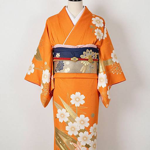 Vibrant Orange Kimono with Daisies