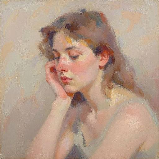 Impressionist-style digital painting of a young woman with wavy brown hair, fair skin, and soft pink lips, gently resting her cheek on her