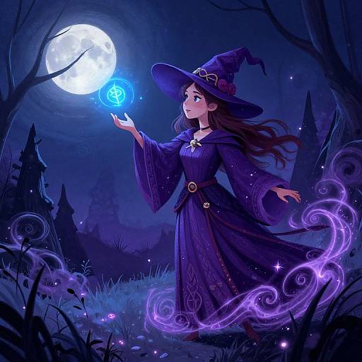 Digital art: A young witch with long brown hair in a purple dress and hat, conjuring blue magic under a full moon, surrounded by purple swirl