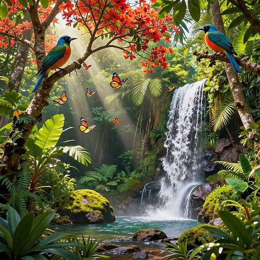 Vibrant digital illustration of a lush jungle with a waterfall, colorful birds, and butterflies amidst red flowers and green foliage.