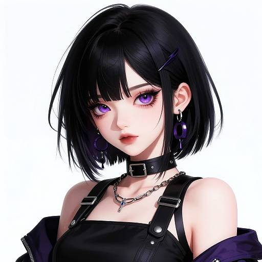 Digital anime-style portrait of a pale-skinned woman with black bob hair, purple eyes, wearing a black choker, sleeveless top, and purple