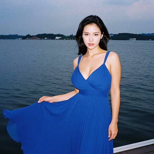 Photograph of an Asian woman with straight black hair, wearing a blue, V-neck dress, standing by a calm lake at dusk.