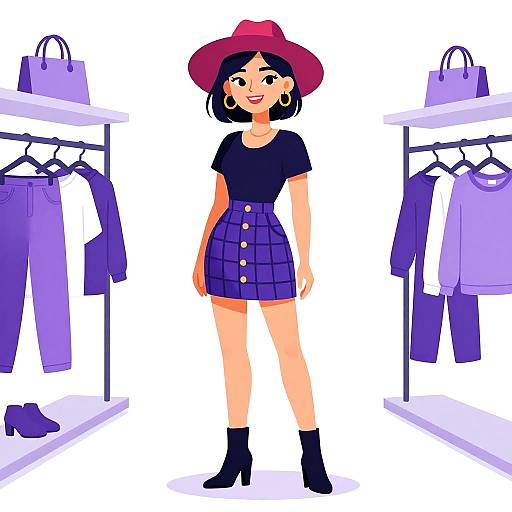 Digital illustration of a smiling woman with black bob, magenta hat, black top, blue plaid skirt, black boots, standing in a store with