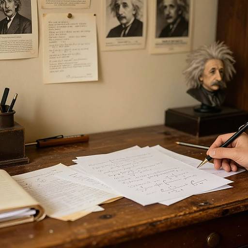 Photograph of a hand writing on paper at a wooden desk, with black-and-white portraits of Einstein on the wall.