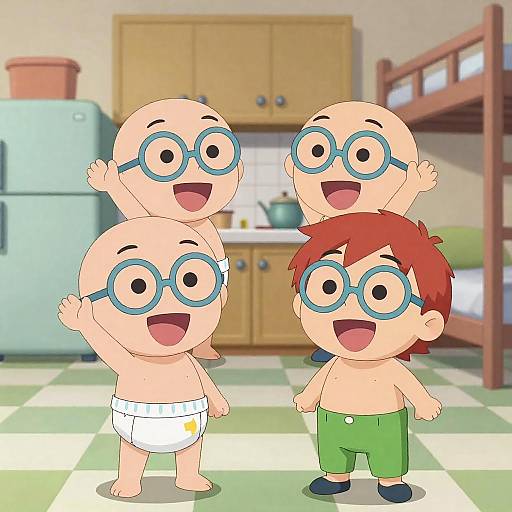 Cheerful Cartoon of Bald Kids in Kitchen