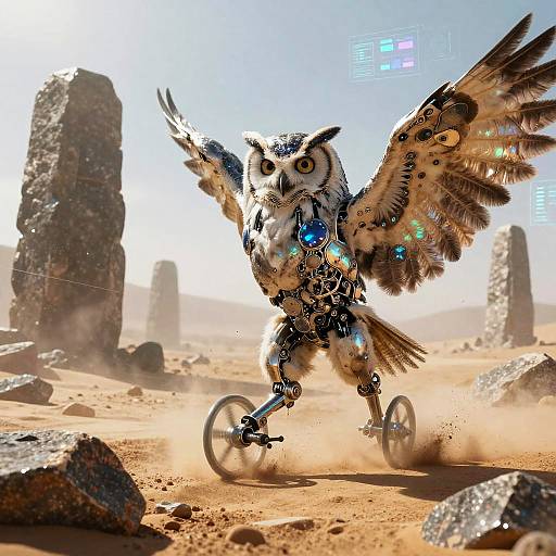 Digital art of a robotic owl with glowing blue eyes and wings, flying on wheels in a desert with rocky formations.