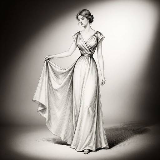 Black-and-white digital drawing of a elegant woman in a flowing, draped gown, holding the skirt, standing in bright spotlight.