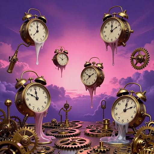 Digital artwork of floating, dripping clocks with golden bells and gears, set against a purple-pink sky, creating a surreal, steampunk scene.