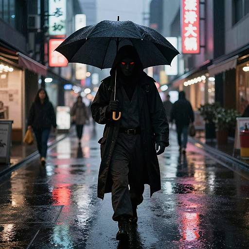 Mysterious Umbrella Yokai in Neon Night
