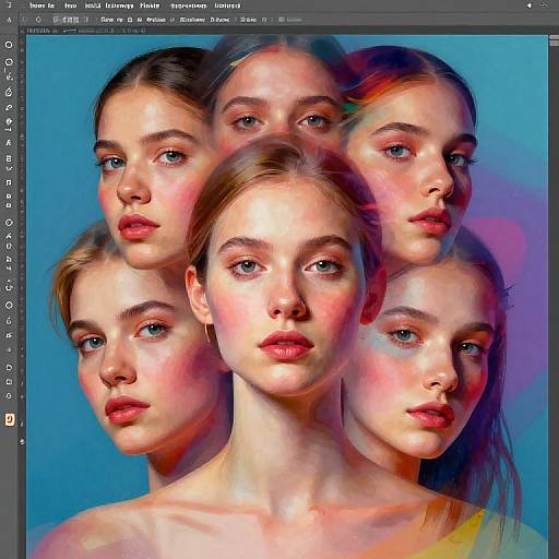 Digital art of five identical young women with fair skin, blue eyes, and pink lips, arranged in a close cluster against a blue gradient background. Photoshop