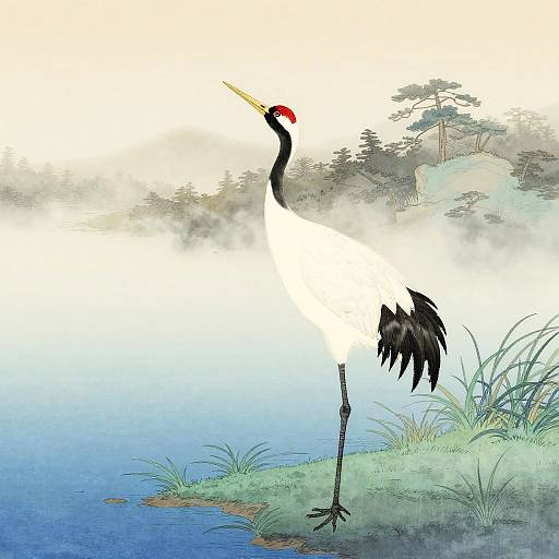 Elegant Crane in Misty Wetland