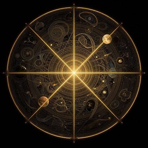 Digital illustration of a golden, glowing, circular cosmic map with radiating lines, featuring planets, rings, and swirling patterns against a black background.