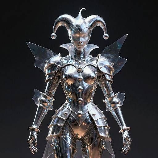 Photorealistic CGI of a shiny, metallic, jester-like robot with pointed hat, armor, and transparent wings, set against a dark gradient background