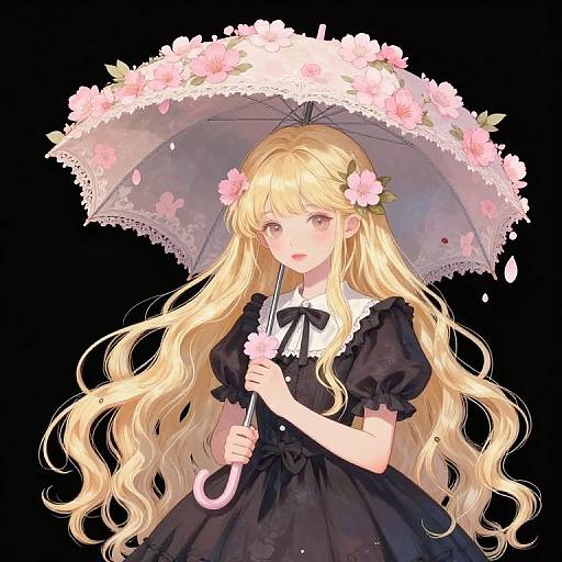 Anime-style digital drawing of a blonde girl with long, wavy hair, wearing a black dress and holding a pink flower-adorned umbrella against a