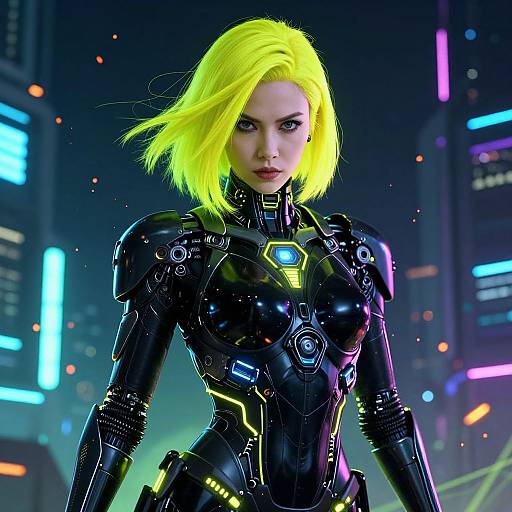 CGI image of a fierce woman with bright yellow hair, wearing a black, futuristic, armored suit, standing in a neon-lit cityscape.