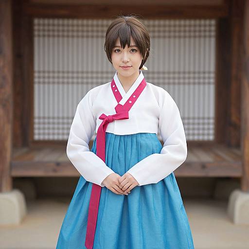 Photograph of a young Japanese woman in traditional hanbok, white blouse, blue skirt, red sash, standing in front of a wooden sh