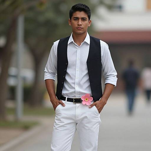 Photograph of a handsome young man with short black hair, wearing a white shirt, black vest, and white pants, with hands in pockets, pink