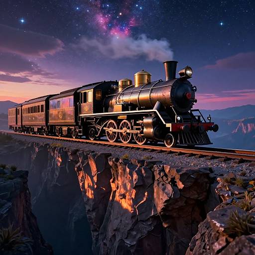 Digital artwork of a vintage black steam locomotive with glowing headlights, reflecting on rocky terrain, under a starry night sky with a colorful aurora.