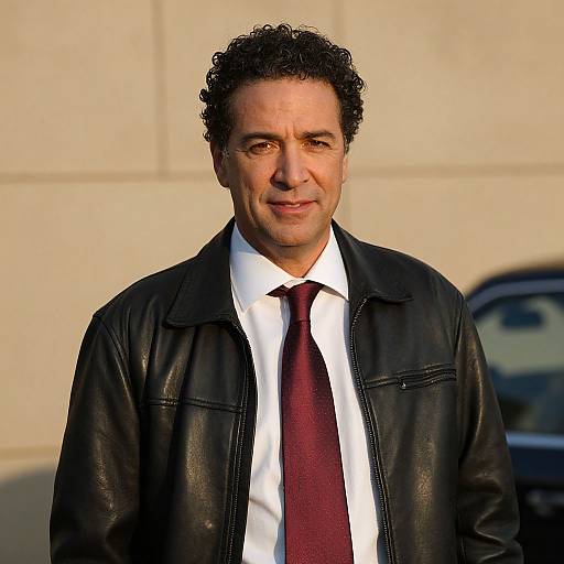 Photograph of a middle-aged man with curly black hair, wearing a black leather jacket, white shirt, and maroon tie, smiling subtly against a