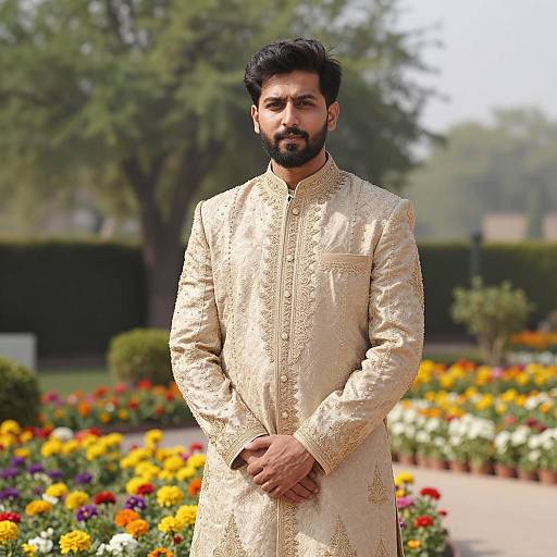 Indian Groom in Beige Sherwani in Flower Garden