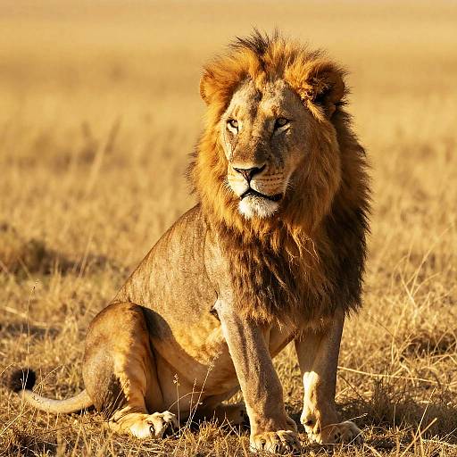 Majestic Male Lion Sitting in Sunlit Savanna