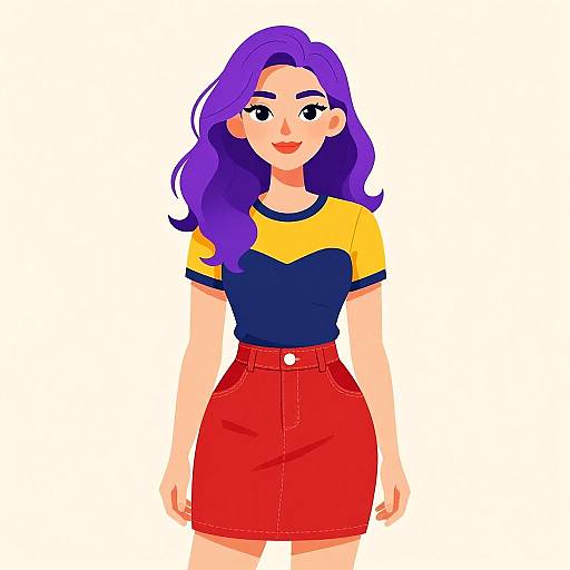 Digital illustration of a smiling woman with purple hair, wearing a yellow and navy top, red high-waisted skirt, and white background.