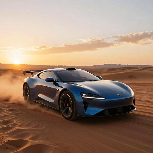 Photograph of a sleek, blue sports car with black wheels and a rear spoiler speeding through a desert at sunset, kicking up sand.