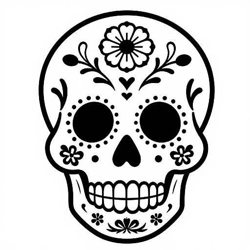 Black and white sugar skull drawing with floral patterns, heart shapes, and dots around the eye sockets and nose. Bold, thick lines. Dia de los