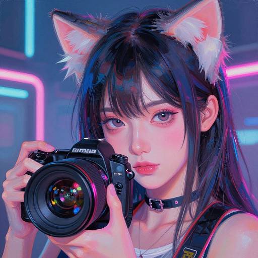 Digital anime-style portrait of a cute young woman with cat ears, black hair, pink and blue neon background, holding a Canon camera, wearing a black