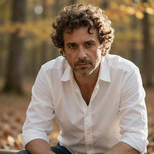 Middle-aged man in white shirt in autumn forest