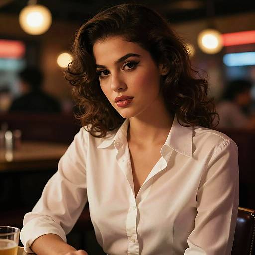 Photograph of a beautiful woman with curly dark hair, wearing a white button-down shirt, sitting in a dimly lit bar, holding a drink,