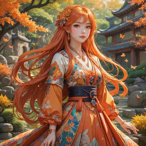 Anime Female Character in Autumn Zen Garden