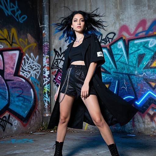 Photograph of a confident woman with black hair and blue highlights, wearing a black crop top, skirt, and long coat, standing in a graffiti-covered