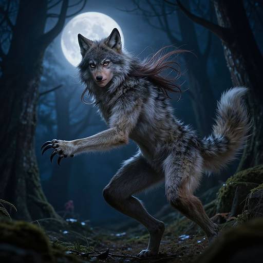 Digital art: A werewolf with gray and black fur, glowing yellow eyes, and sharp claws, stands menacingly in a dark forest under a full