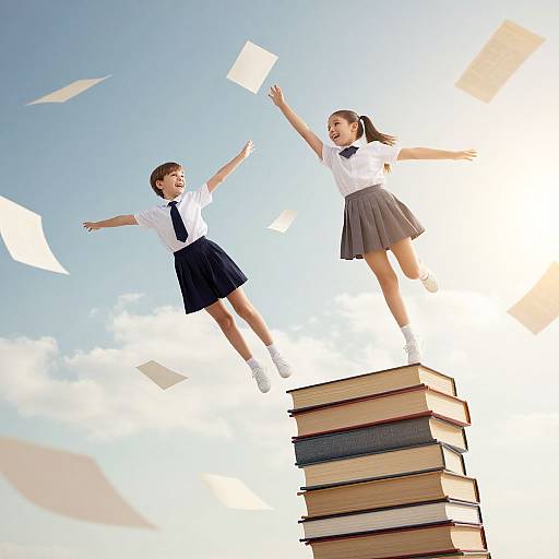 Photograph of two joyful schoolgirls in white shirts and skirts, jumping off a stack of books against a bright blue sky with flying papers.