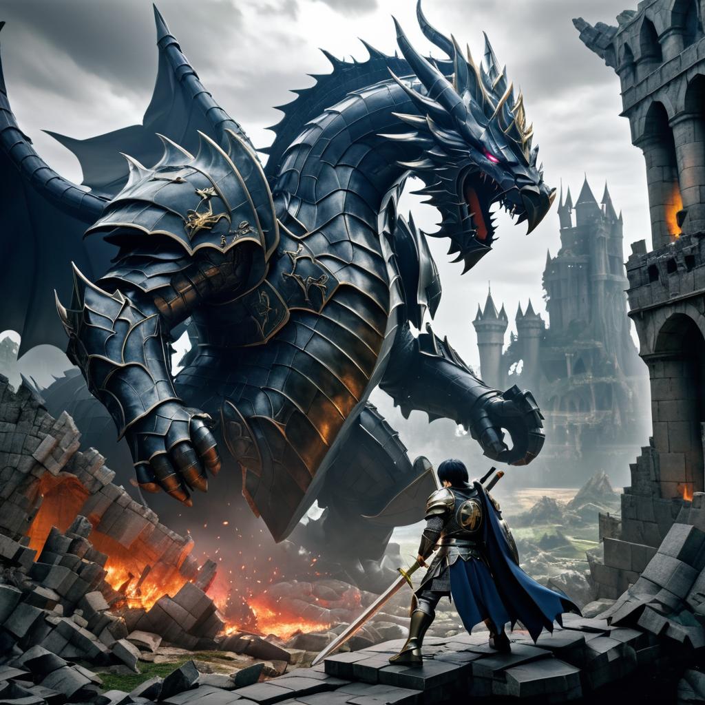 Knight's Struggle Against a Colossal Dragon