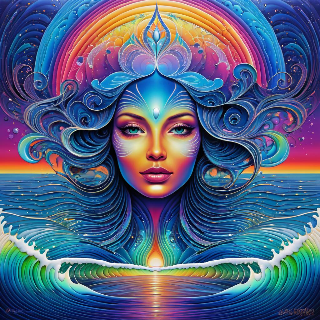 Cosmic Woman in Abstract Ocean Landscape