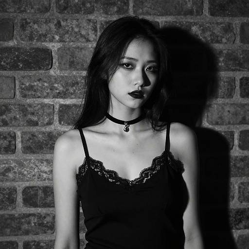 Black-and-white photograph of an Asian woman with long dark hair, black lace camisole, choker with pendant, standing against a brick wall,