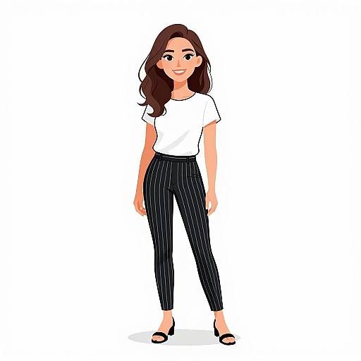 Digital illustration of a smiling woman with long brown hair, wearing a white t-shirt, black pinstriped pants, and black sandals.