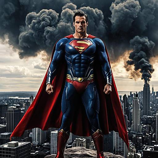 Superman Standing Heroically in Smoke-filled Cityscape
