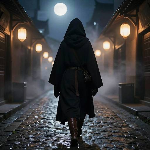 Cloaked Wanderer in Moonlit Alley