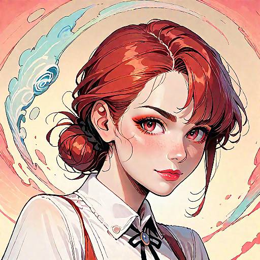 Anime Red-Haired Girl Bun Portrait