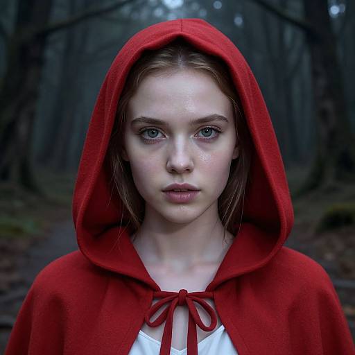 Young Woman in Red Hooded Cloak in Forest