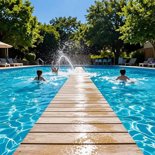 Kids Playing at Sunlit Outdoor Swimming Pool