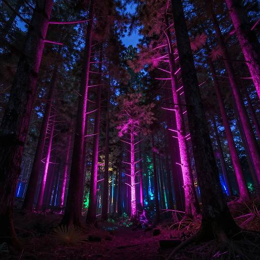 Neon Lit Pine Forest at Night
