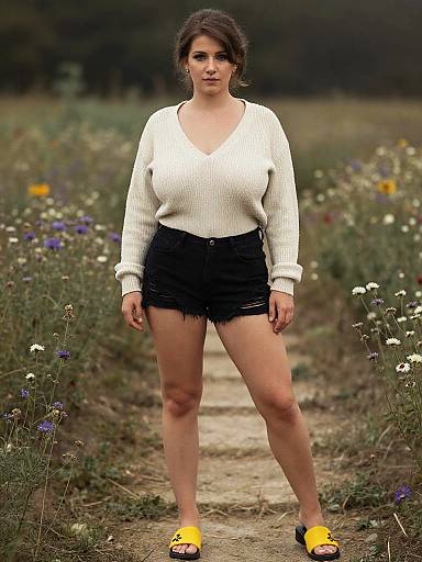 Photograph of a curvy woman with dark hair in a white sweater, black denim shorts, and yellow shoes, standing on a flower-lined dirt path