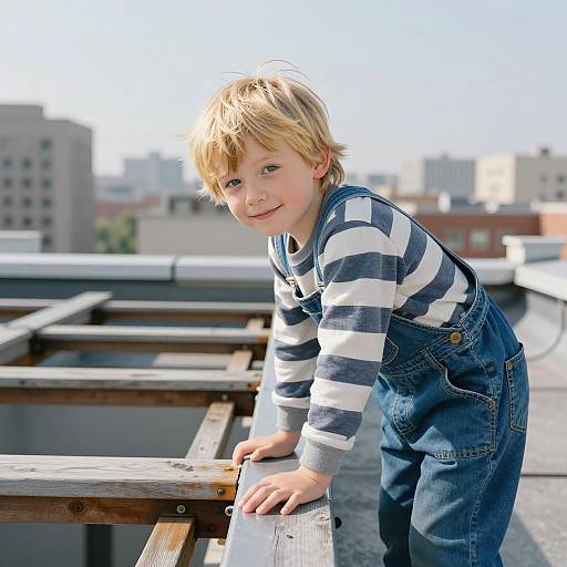 Young Boy Smiling on Rooftop Cityscape