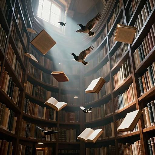 Photograph of a grand library with tall, curved bookshelves, illuminated by sunlight streaming through a high window. Books and two flying ravens float