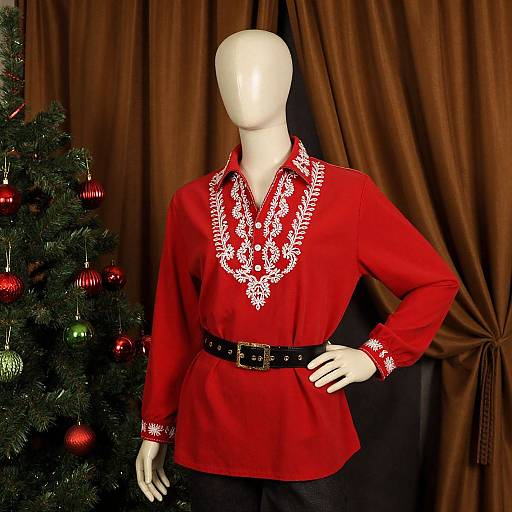 Photograph of a faceless mannequin in a red Christmas shirt with white floral embroidery, black belt, and red Christmas tree in background.